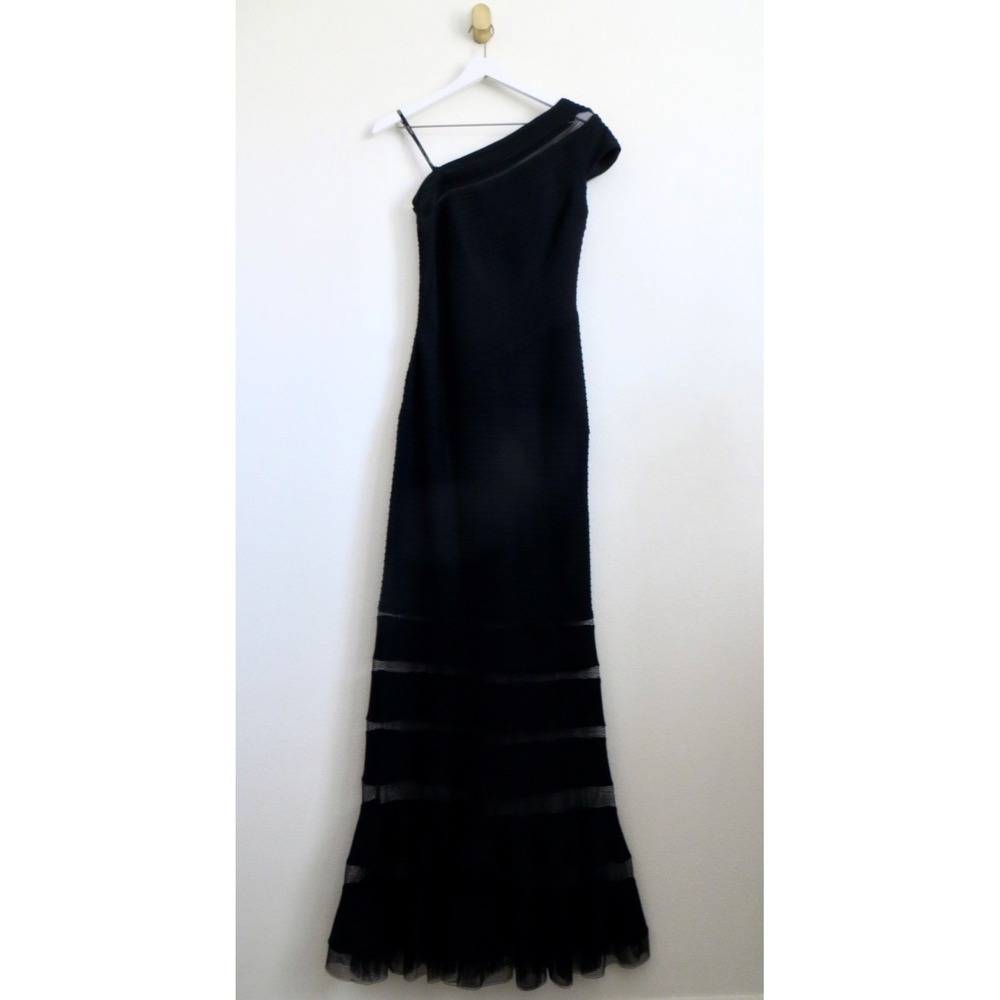 Tadashi Shoji One Shoulder Pintuck Jersey Mermaid Maxi Gown Dress Black SZ S - Picture 6 of 11